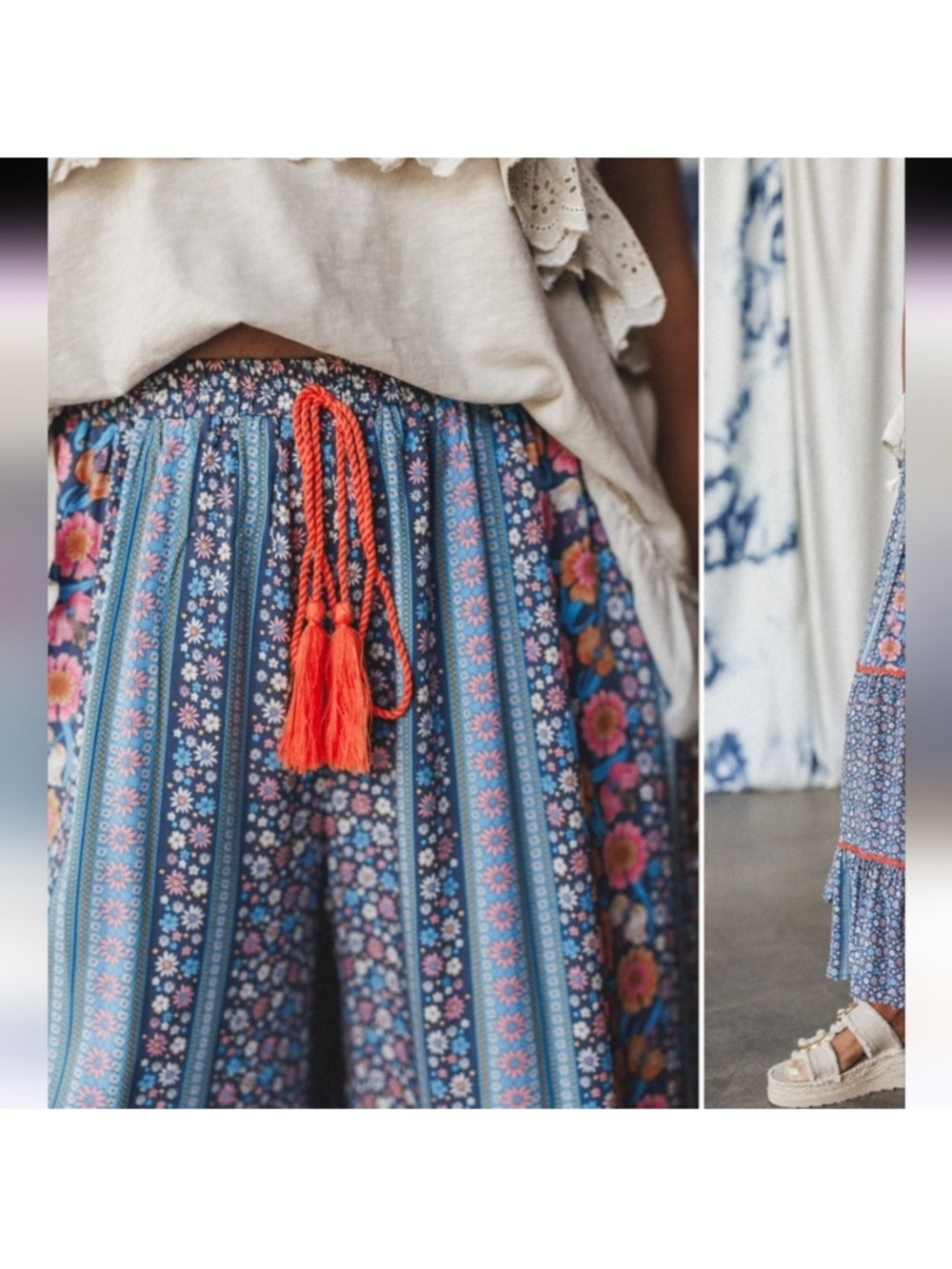 easel Blue Floral Patchwork Wide leg boho pants  with Orange Trim NWOT - Picture 5 of 15